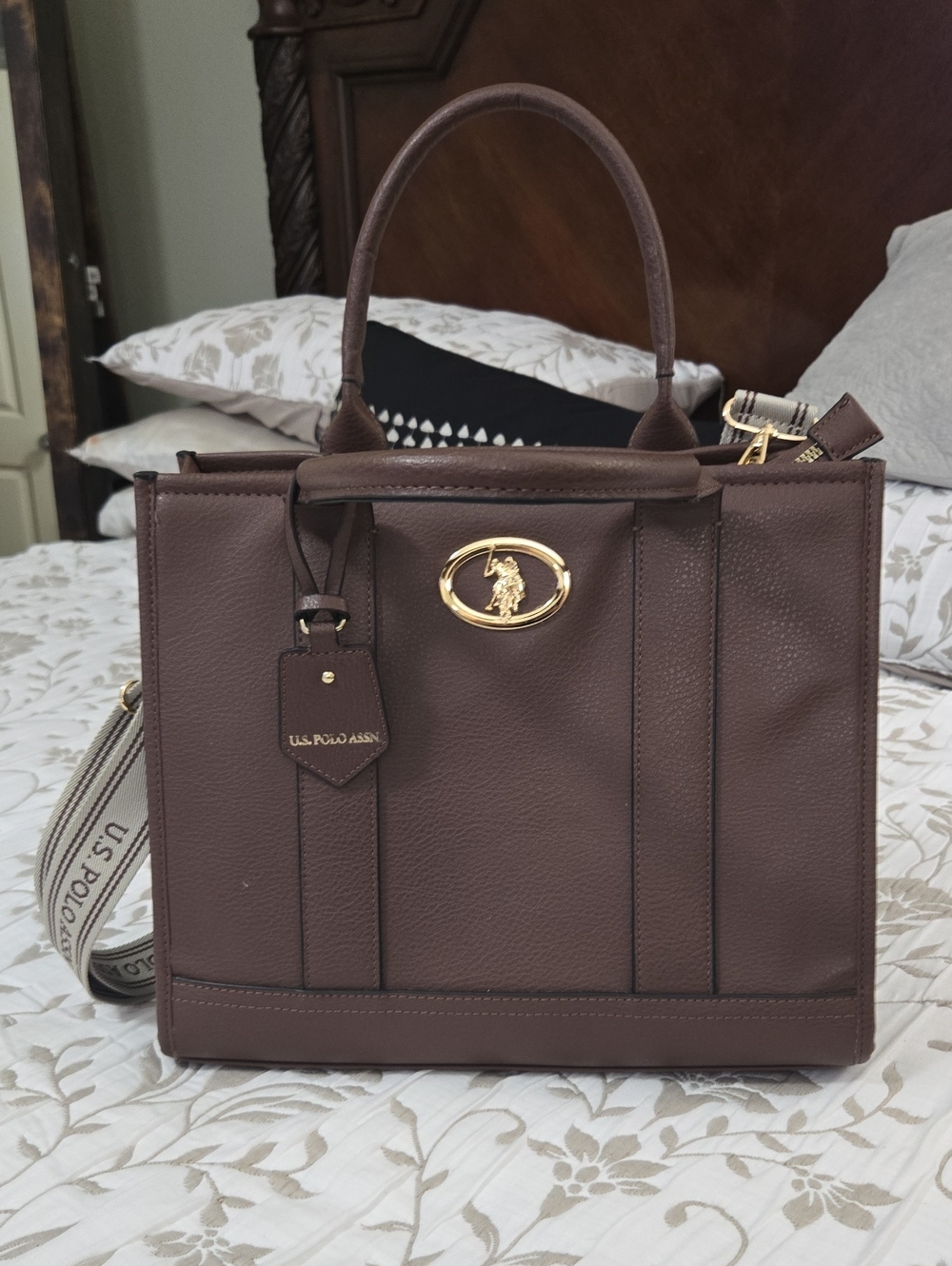 U.S. Polo Assn. Chocolate Brown Pebbled Satchel with Gold Accent